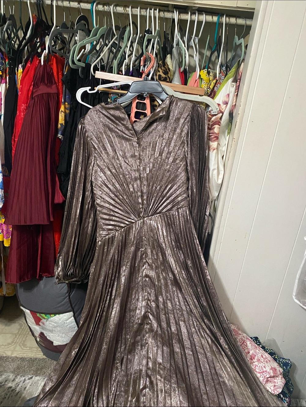 Acler Metallic Taupe Pleated Long Sleeve Maxi Dress